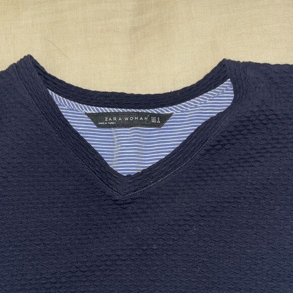 ZARA BLUE VARSITY LETTERMAN PATCH STRIPED TOP SWEATER Hi Low BLOUSE  S - Picture 5 of 7
